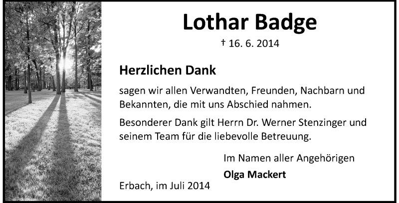  Traueranzeige für Lothar Badge vom 26.07.2014 aus Odenwälder Echo