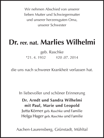 Traueranzeige von Marlies Wilhemi von Echo-Zeitungen (Gesamtausgabe)