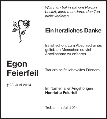 Traueranzeige von Egon Feierfeil von Rüsselsheimer Echo, Groß-Gerauer-Echo, Ried Echo