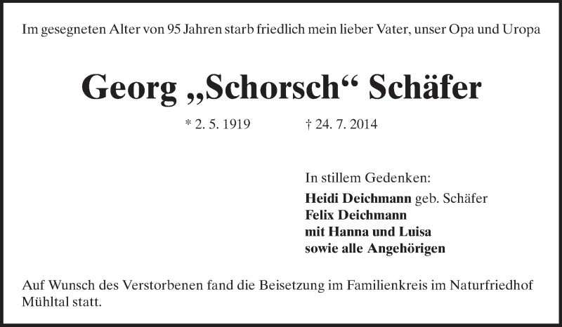  Traueranzeige für Georg Schäfer vom 02.08.2014 aus Echo-Zeitungen (Gesamtausgabe)