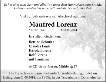 Traueranzeige von Manfred Lorenz von Rüsselsheimer Echo, Groß-Gerauer-Echo, Ried Echo