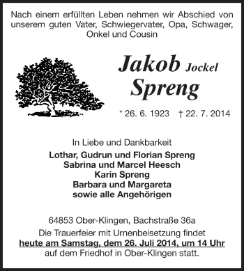 Traueranzeige von Jakob Spreng von Echo-Zeitungen (Gesamtausgabe)
