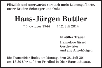Traueranzeige von Hans-Jürgen Buttler von Echo-Zeitungen (Gesamtausgabe)