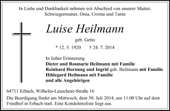 Traueranzeige von Luise Heilmann von Odenwälder Echo