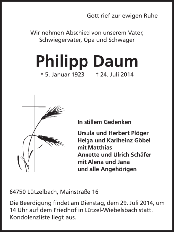 Traueranzeige von Philipp Daum von Echo-Zeitungen (Gesamtausgabe)