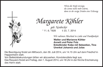Traueranzeige von Margarete Köhler von Starkenburger Echo