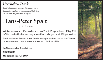 Traueranzeige von Hans-Peter Spalt von Echo-Zeitungen (Gesamtausgabe)