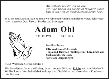 Traueranzeige von Adam Ohl von Odenwälder Echo