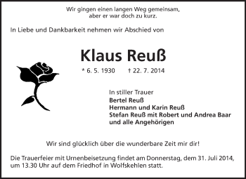 Traueranzeige von Klaus Reuß von Rüsselsheimer Echo, Groß-Gerauer-Echo, Ried Echo