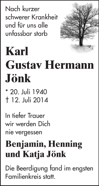 Traueranzeige von Karl
 Gustav Hermann Jönk von Echo-Zeitungen (Gesamtausgabe)