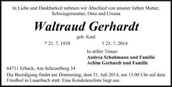 Traueranzeige von Waltraud Gerhardt von Odenwälder Echo