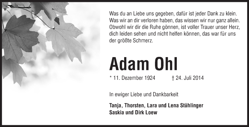  Traueranzeige für Adam Ohl vom 29.07.2014 aus Odenwälder Echo