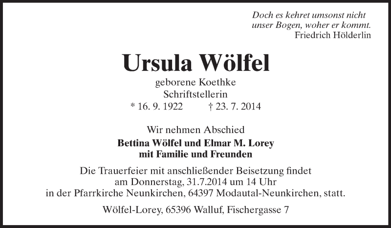  Traueranzeige für Ursula Wölfel vom 29.07.2014 aus Echo-Zeitungen (Gesamtausgabe)
