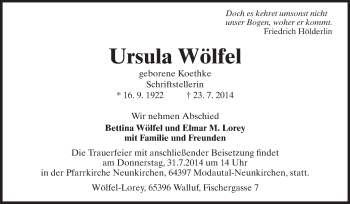 Traueranzeige von Ursula Wölfel von Echo-Zeitungen (Gesamtausgabe)
