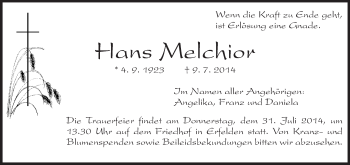 Traueranzeige von Hans Melchior von Rüsselsheimer Echo, Groß-Gerauer-Echo, Ried Echo