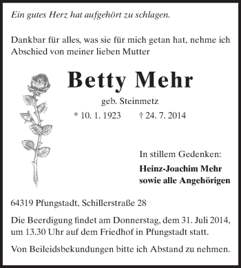 Traueranzeige von Betty Mehr von Echo-Zeitungen (Gesamtausgabe)