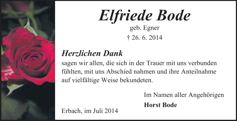  Traueranzeige für Elfriede Bode vom 30.07.2014 aus Odenwälder Echo
