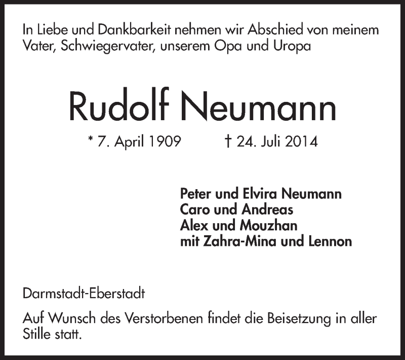  Traueranzeige für Rudolf Neumann vom 30.07.2014 aus Echo-Zeitungen (Gesamtausgabe)