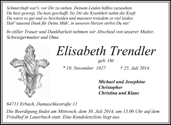 Traueranzeige von Elisabeth Trendler von Odenwälder Echo