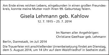 Traueranzeige von Gisela Lehmann von Echo-Zeitungen (Gesamtausgabe)