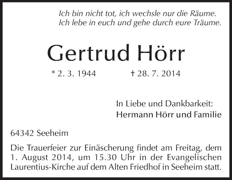  Traueranzeige für Gertrud Hörr vom 30.07.2014 aus Echo-Zeitungen (Gesamtausgabe)