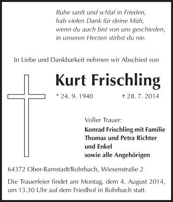 Traueranzeige von Kurt Frischling von Echo-Zeitungen (Gesamtausgabe)