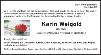 Traueranzeige von Karin Weigold von Starkenburger Echo