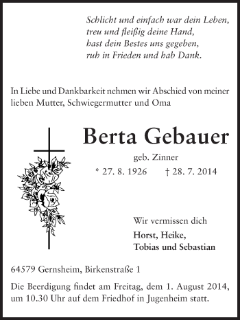 Traueranzeige von Berta Gebauer von Echo-Zeitungen (Gesamtausgabe)
