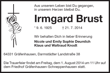 Traueranzeige von Irmgard Brust von Echo-Zeitungen (Gesamtausgabe)
