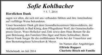 Traueranzeige von Sofie Kohlbacher von Odenwälder Echo