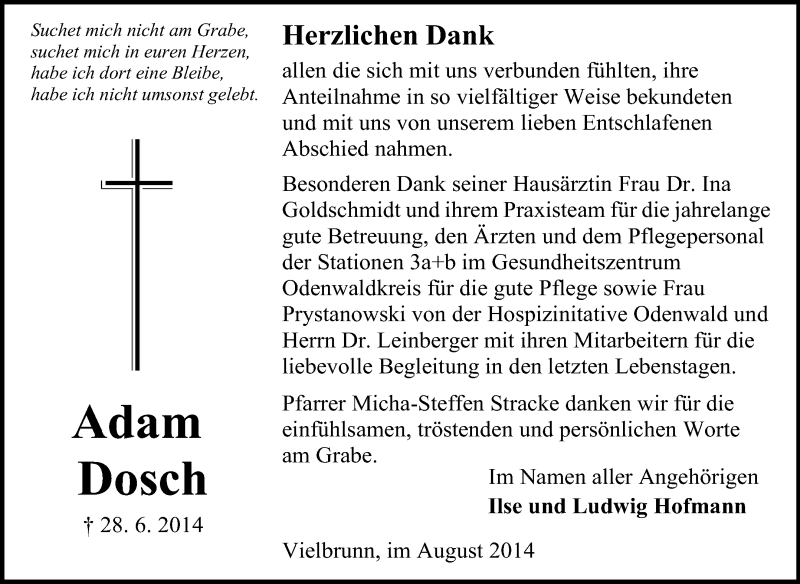  Traueranzeige für Adam Dosch vom 30.07.2014 aus Odenwälder Echo