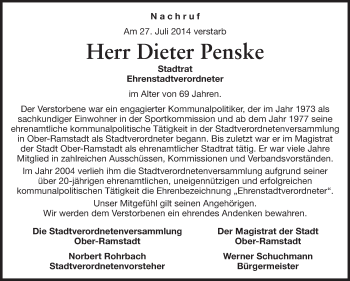 Traueranzeige von Dieter Penske von Echo-Zeitungen (Gesamtausgabe)