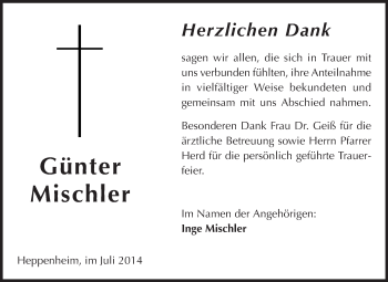 Traueranzeige von Günter Mischler von Starkenburger Echo