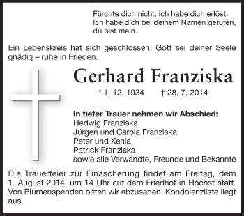 Traueranzeige von Gerhard Franziska von Odenwälder Echo