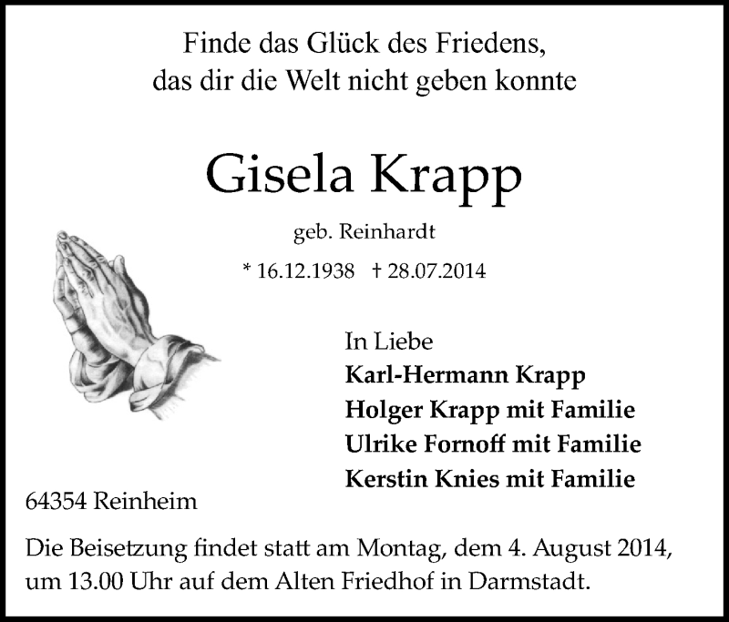  Traueranzeige für Gisela Krapp vom 01.08.2014 aus Darmstädter Echo, Odenwälder Echo, Rüsselsheimer Echo, Groß-Gerauer-Echo, Ried Echo