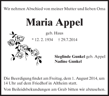 Traueranzeige von Maria Appel von Echo-Zeitungen (Gesamtausgabe)
