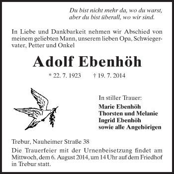 Traueranzeige von Adolf Ebenhöh von Rüsselsheimer Echo, Groß-Gerauer-Echo, Ried Echo