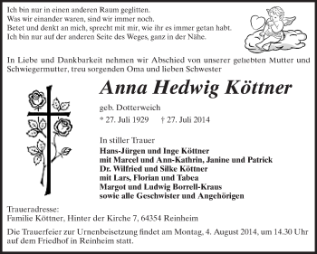 Traueranzeige von Anna Hedwig Köttner von Echo-Zeitungen (Gesamtausgabe)