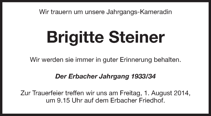  Traueranzeige für Brigitte Steiner vom 30.07.2014 aus Odenwälder Echo