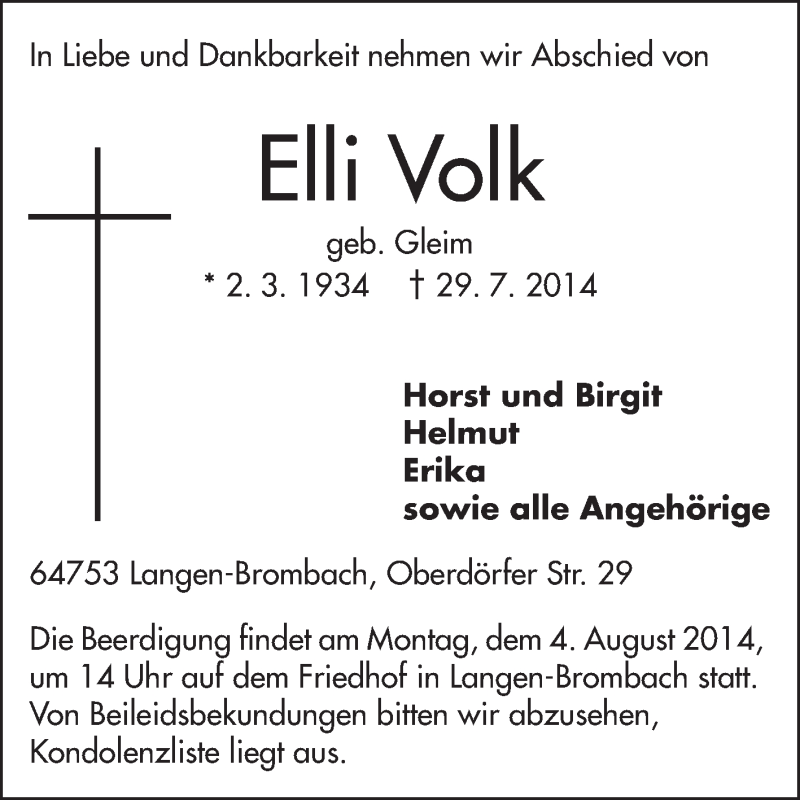 Traueranzeige für EIIi Volk vom 01.08.2014 aus Odenwälder Echo