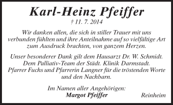 Traueranzeige von Karl-Heinz Pfeiffer von Darmstädter Echo, Odenwälder Echo, Rüsselsheimer Echo, Groß-Gerauer-Echo, Ried Echo