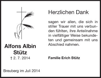 Traueranzeige von Alfons Albin Stütz von Odenwälder Echo