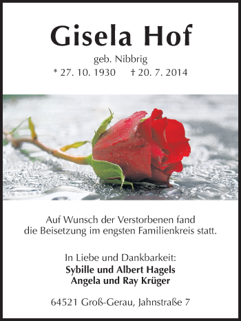 Traueranzeige von Gisela Hof von Rüsselsheimer Echo, Groß-Gerauer-Echo, Ried Echo