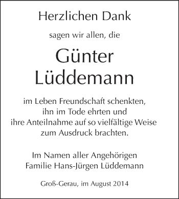 Traueranzeige von Günter Lüddemann von Rüsselsheimer Echo, Groß-Gerauer-Echo, Ried Echo