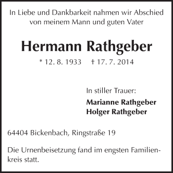 Traueranzeige von Hermann Rathgeber von Echo-Zeitungen (Gesamtausgabe)