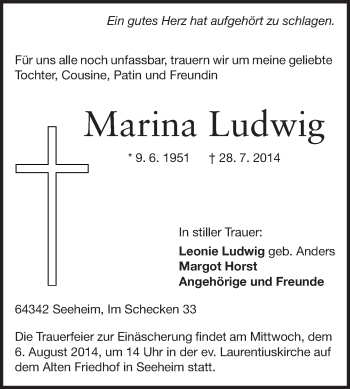 Traueranzeige von Marina Ludwig von Echo-Zeitungen (Gesamtausgabe)