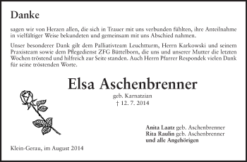 Traueranzeige von Elsa Aschenbrenner von Rüsselsheimer Echo, Groß-Gerauer-Echo, Ried Echo
