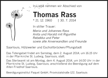 Traueranzeige von Thomas Rass von Echo-Zeitungen (Gesamtausgabe)