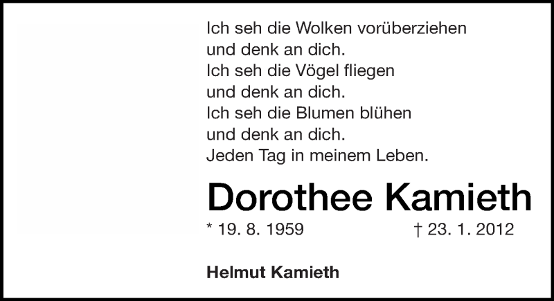  Traueranzeige für Dorothee Kamieth vom 19.08.2015 aus trauer.echo-online.de