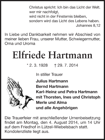 Traueranzeige von Elfriede Hartmann von Odenwälder Echo